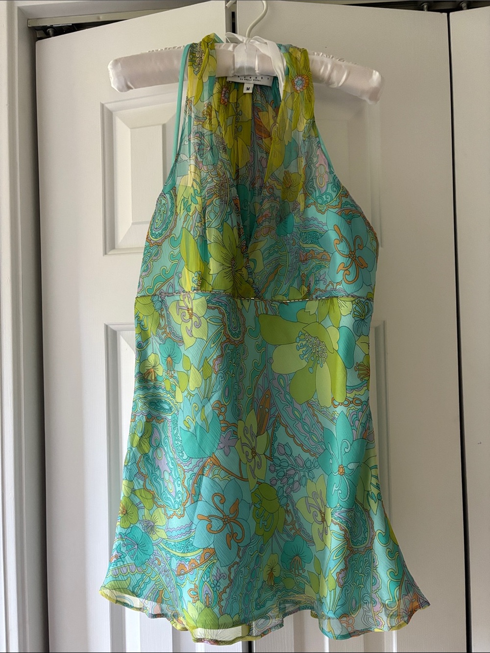 Women’s Silk Halter top in Aqua & Lime